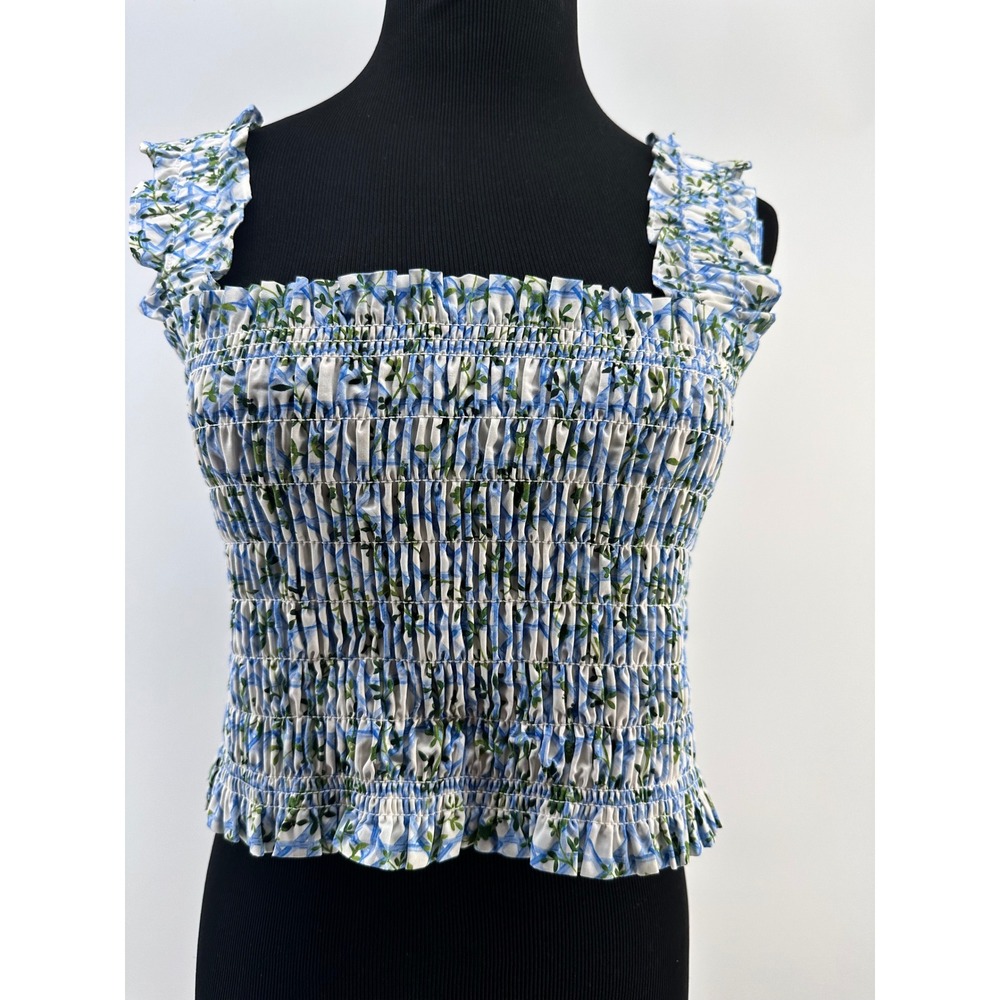 Hill House Blue Floral Smocked Ruffle‎ Sleeveless Crop Top Women's Size Large